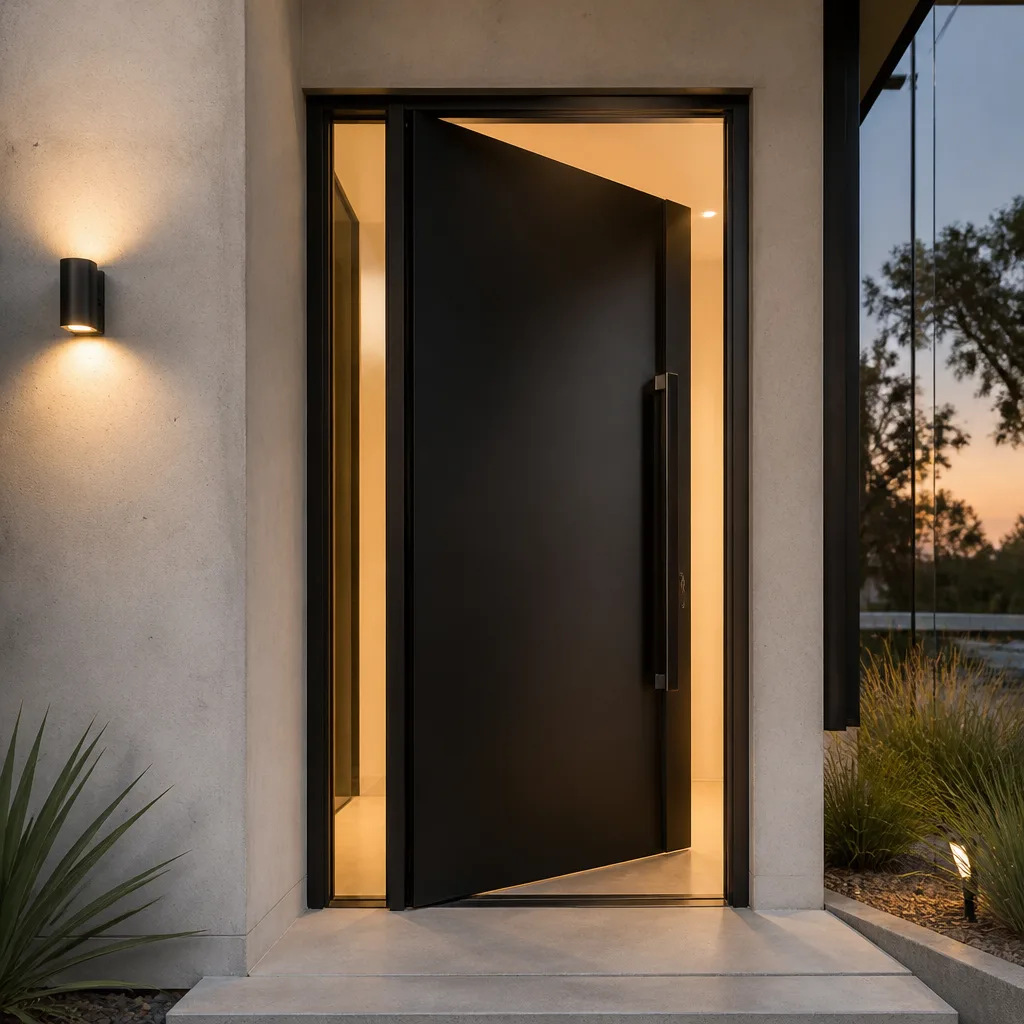 Modern matte black pivot entry door installation in a contemporary home.