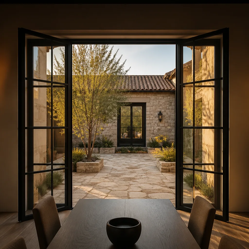 Modern glass patio door installation in a luxury stone courtyard home