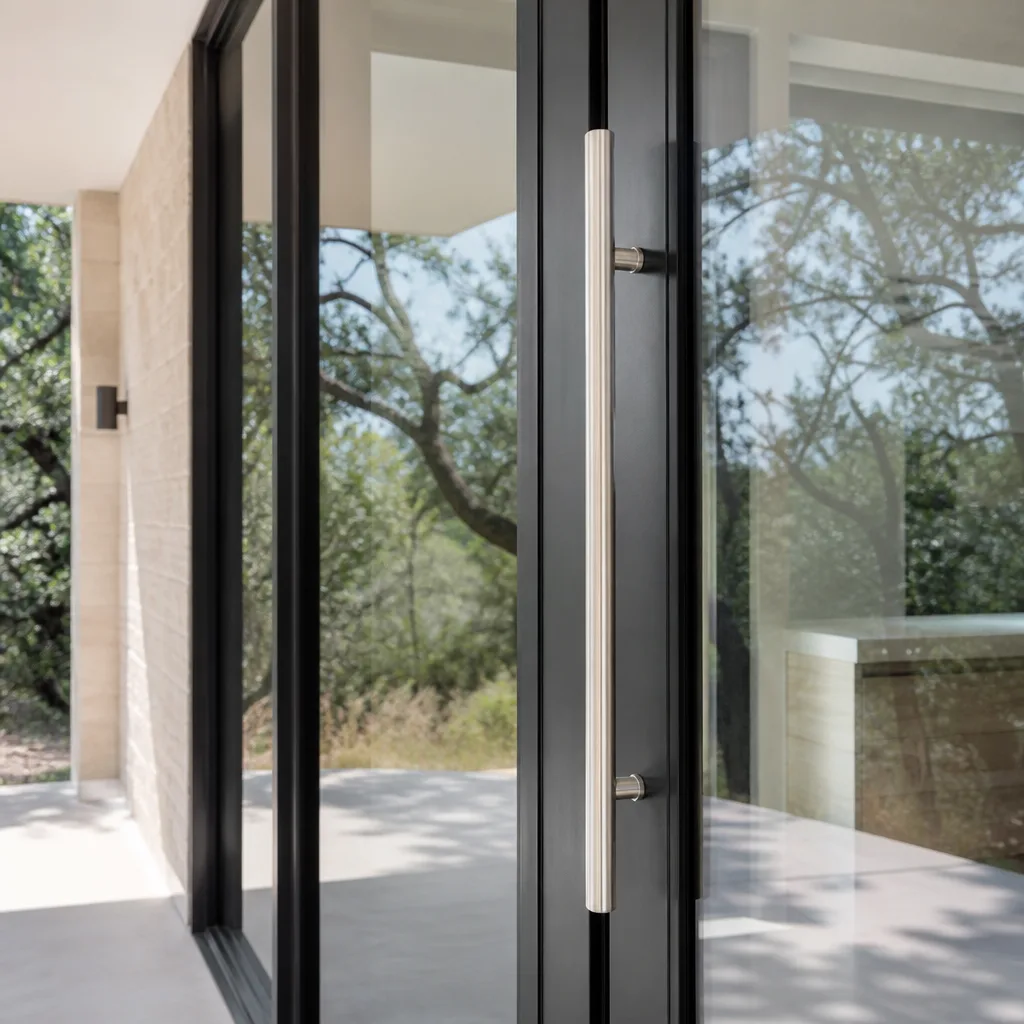 Modern glass door with metallic handle installed on exterior of home