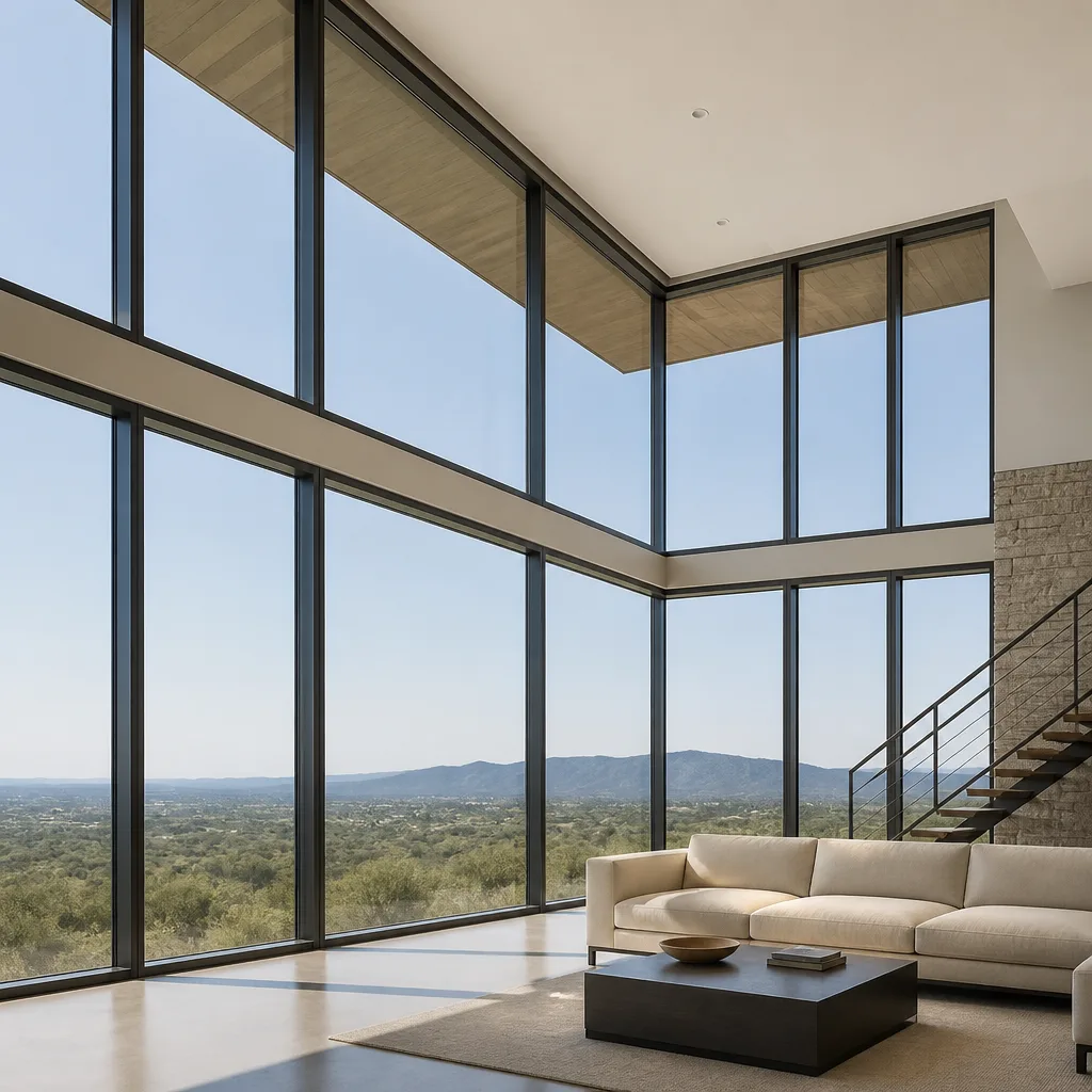 Modern floor-to-ceiling architectural window installation in a bright, contemporary living space.