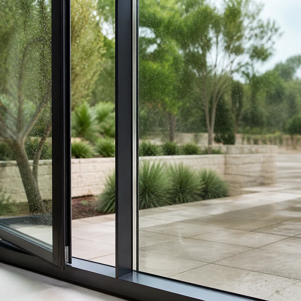 Modern black framed glass door installation looking out onto a garden