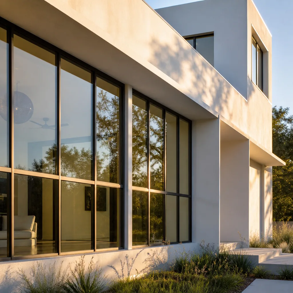 Modern residential home featuring high-end floor-to-ceiling black frame window installation.
