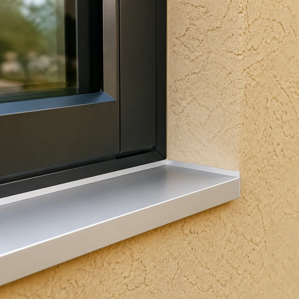 Modern window frame installation with a silver sill on stucco wall