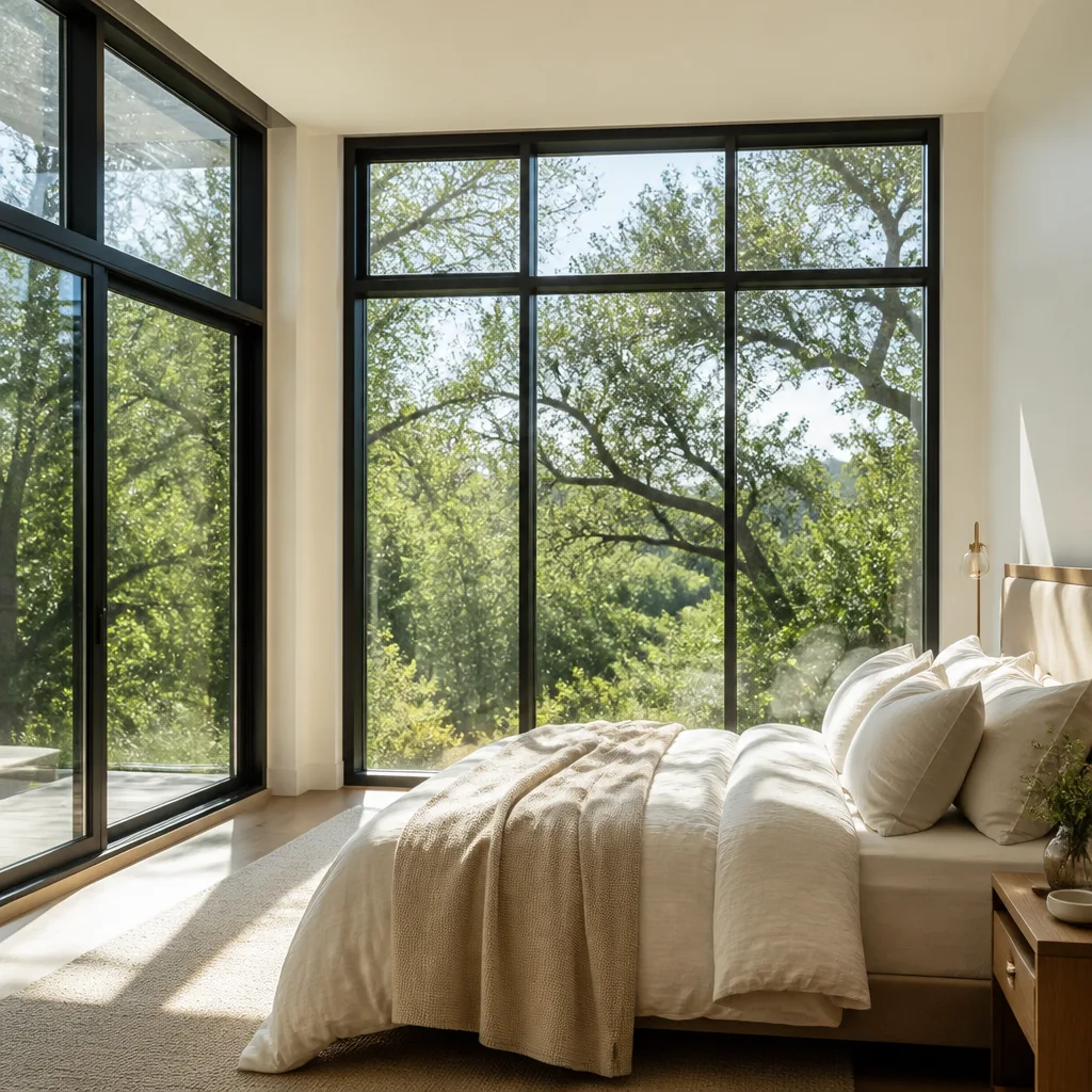 Modern floor-to-ceiling bedroom windows with forest view
